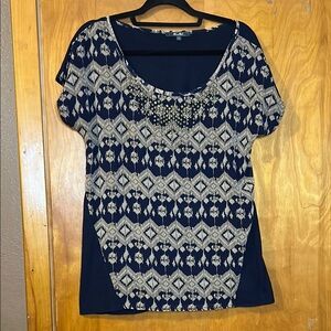 Miss Me Blue and Cream Patterned Blouse